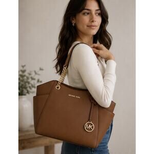 Michael Kors Jet Set Chain Tote Bag Brown Saffiano Leather Shoulder Purse